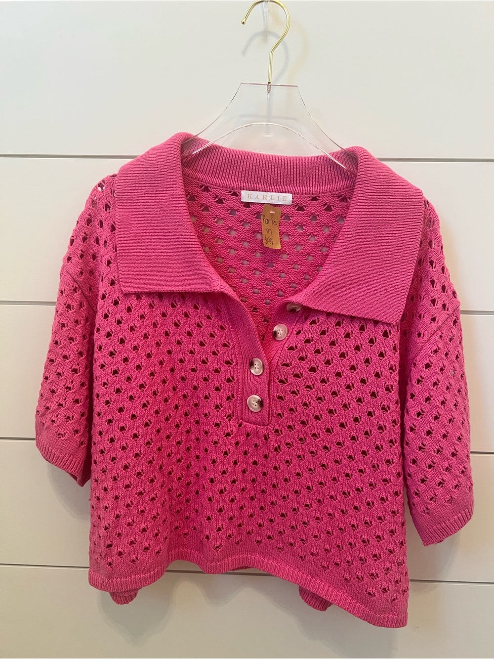 Karlie Hot Pink Open-Knit Polo Cropped Sweater